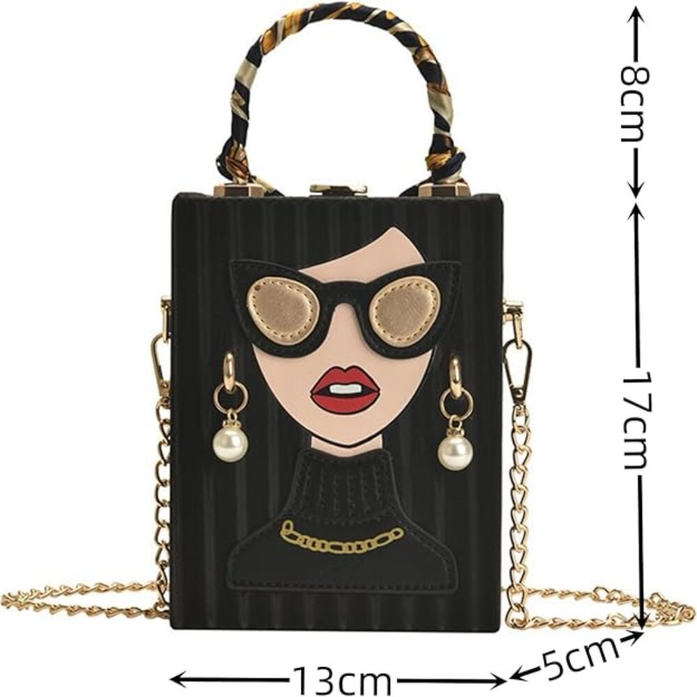 🔥Chic Fashion Lady Face Trendy Box Handbag w/Pearl Earrings Scarf Twilly Handle - Picture 10 of 10